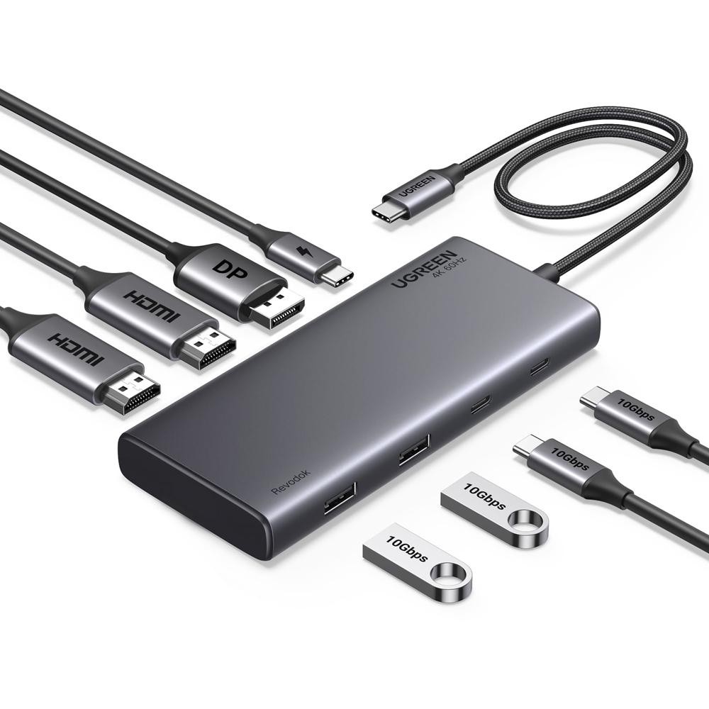 CM639, UGREEN, USB HUB, Revodok 308, HDMI, DP, Type-C, USB-A, PD, 8 in 1 USB C Docking Station, Grey